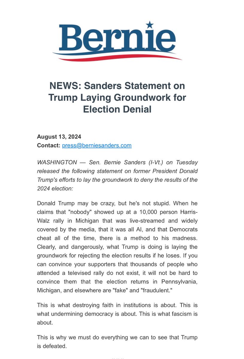 Donald Trump may be crazy, but he's not stupid.

When he claims that “nobody” showed up at a 10,000 person Harris rally in MI that was live-streamed &amp; widely covered by the media, that it was all AI, he is laying the groundwork for rejecting the election results if he loses.