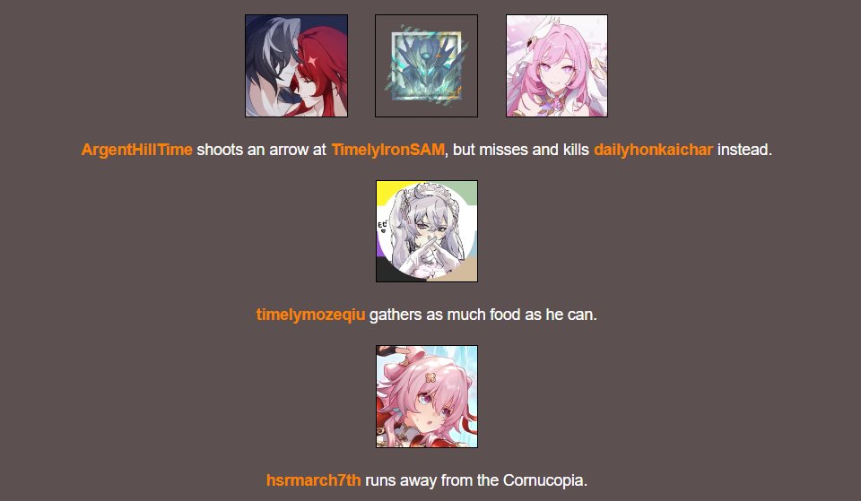 DOLLSTHETIC_'s tweet image. @ArgentHillTime shoots an arrow at @Timely_IronSAM , but misses and kills @dailyhonkaichar instead. 

@timelymozeqiu gathers as much food as they can.

@hsrmarch7th runs away from the Cornucopia