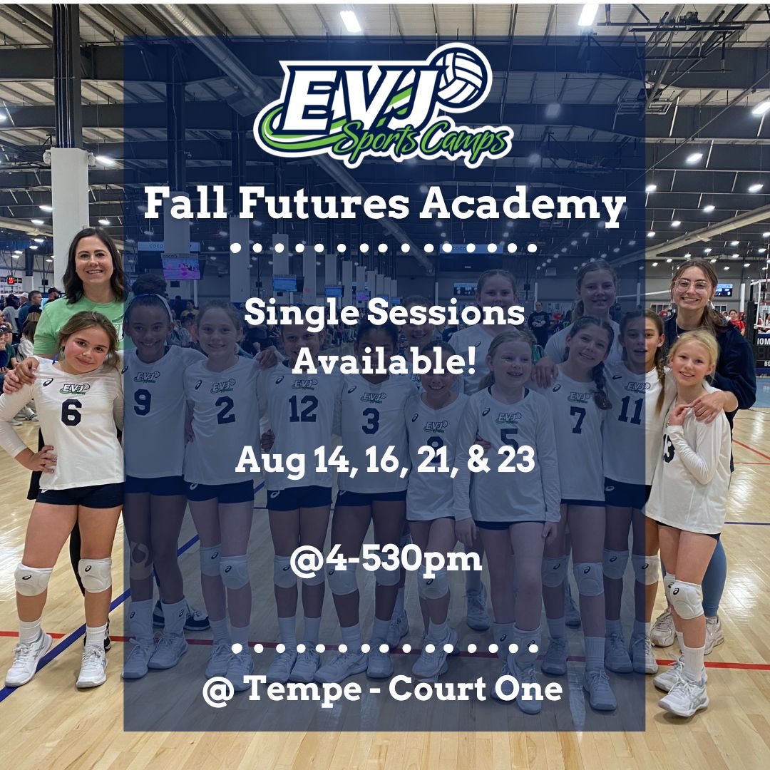 There are 2 weeks left of Futures Session 1! Single sessions are now available for anyone who wants to participate! Girls &amp; boys, grades 1st-6th, can sign up! Visit evjvolleyball.com for a full calendar of events and to register!💙🤍💚