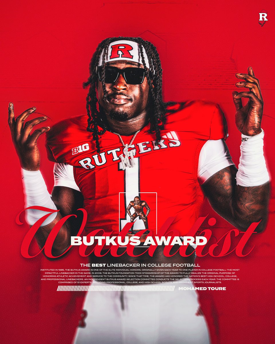 Rutgers Football πͺ (@rfootball) on Twitter photo Mohamed Toure has been named to The Butkus Award watch list.
The award is given annually to the top linebacker in the nation.
<a href="/mohamed_1k/">Mohamed Toure</a> | #DarkSide Mohamed Toure has been named to The Butkus Award watch list.
The award is given annually to the top linebacker in the nation.
<a href="/mohamed_1k/">Mohamed Toure</a> | #DarkSide