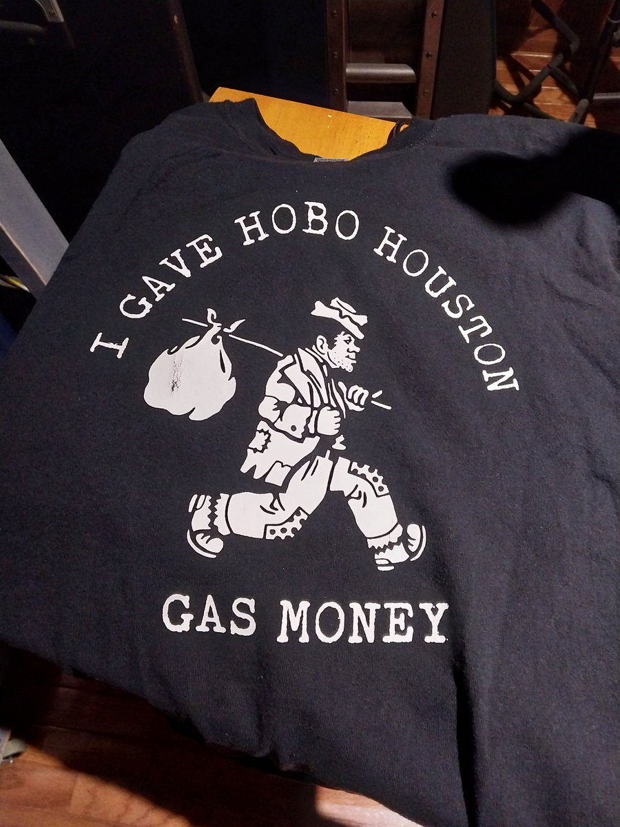 skipped last week's #bandShirtBļuesday/#tShirtTuesday was in the woods being smelly. seems apropos to post Hobo Houston to whom you give money either because you support him or you're a NIMBY who wants him gone
#nameThreeSongs?  Dumpster diver, public bathrooms suck, last straw