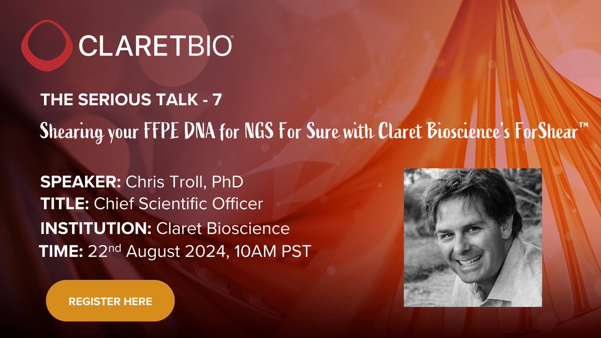 ClaretBio's tweet photo. Join us on August 22nd at 10 AM PST for the Serious Talk-7 webinar featuring Claret’s very own Chief Science Officer, Chris Troll! 
Dr. Troll will cover the challenges of generating NGS libraries from #FFPE samples.

Register here:https://t.co/Nr2Cb1sAkL https://t.co/CztazWKm9C