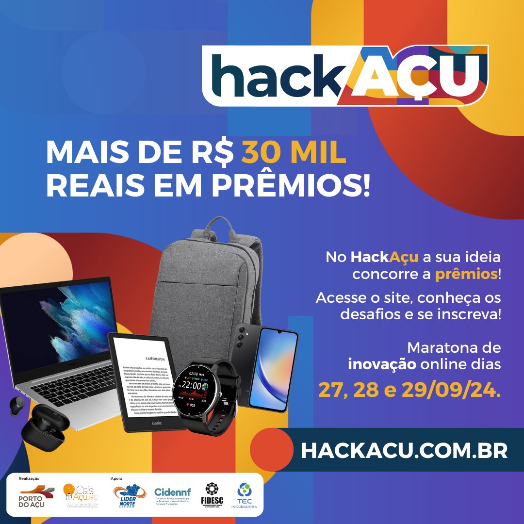 🏁 Foi dada a largada para a terceira edição da maratona de inovação #HackAçu! As melhores ideias concorrem a mais de R$ 30 mil em prêmios. ⏰Inscrições abertas para pessoas de todo o Brasil até 26/09.

📍 Participe! hackacu.com.br 
#PortodoAçu #CaisAçuLab