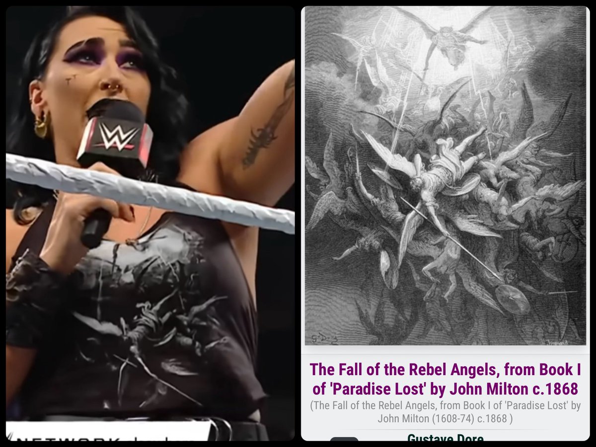 XSOALX's tweet photo. Then yesterday she shows up on raw wearing this shirt. It’s an artwork by Gustave Dore of the archangel Michael casting out the “rebel” angels from heaven during the war in heaven. This parallels the infighting within the judgement day. So I look up Gustav Dore. https://t.co/405QPLKUyV