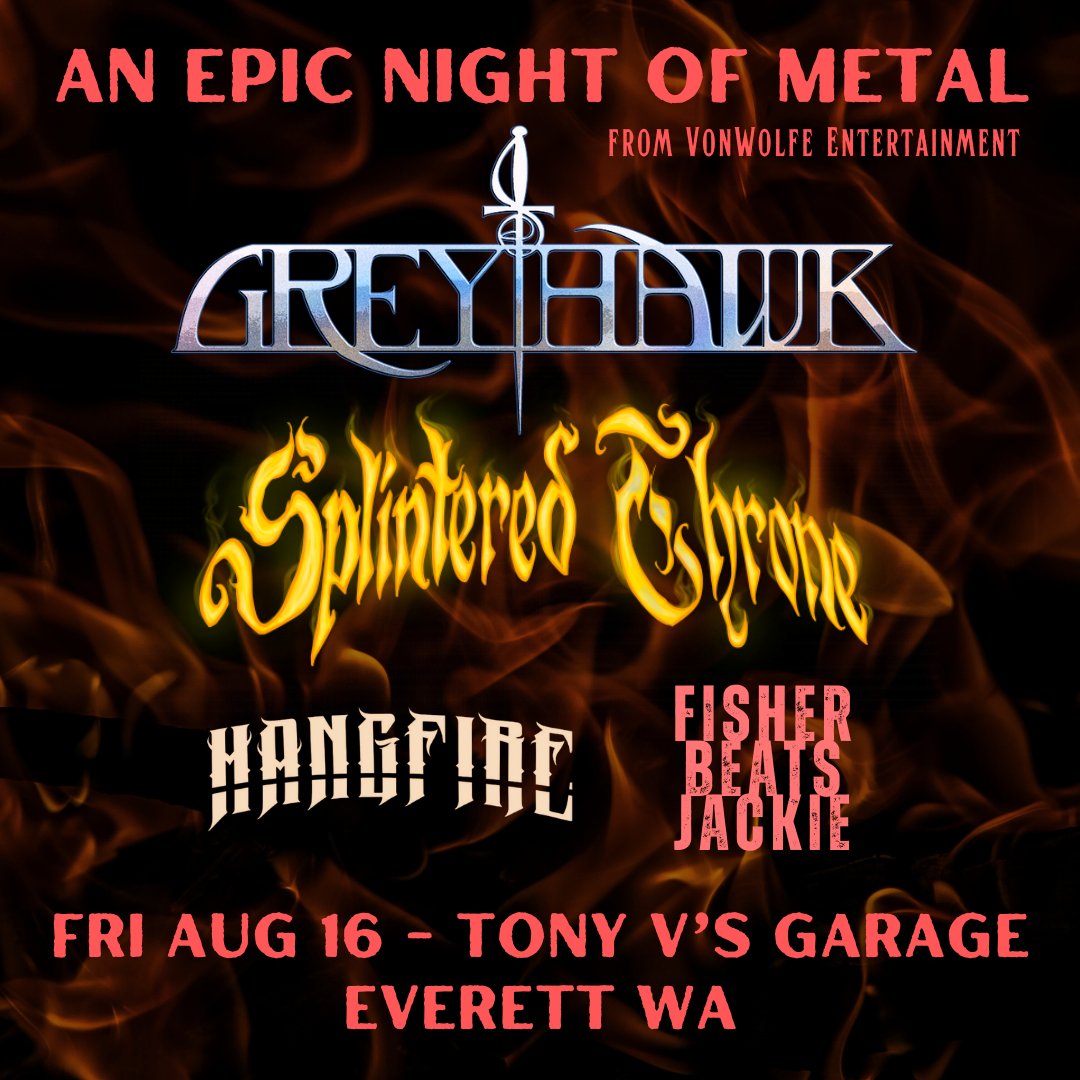 WhiteCrone's tweet photo. I'm fronting @SplinterdThrone at TWO epic NW shows w/ GREYHAWK!
πFri Aug 16th - Tony V's Garage in Everett WA
πSat Aug 17th - High Water Mark in Portland OR
Presented by VonWolfe Entertainment
Details at
https://t.co/1Qued4crx9
#CatchTheThrone #heavymetal #metal https://t.co/rM1iVXxFdt