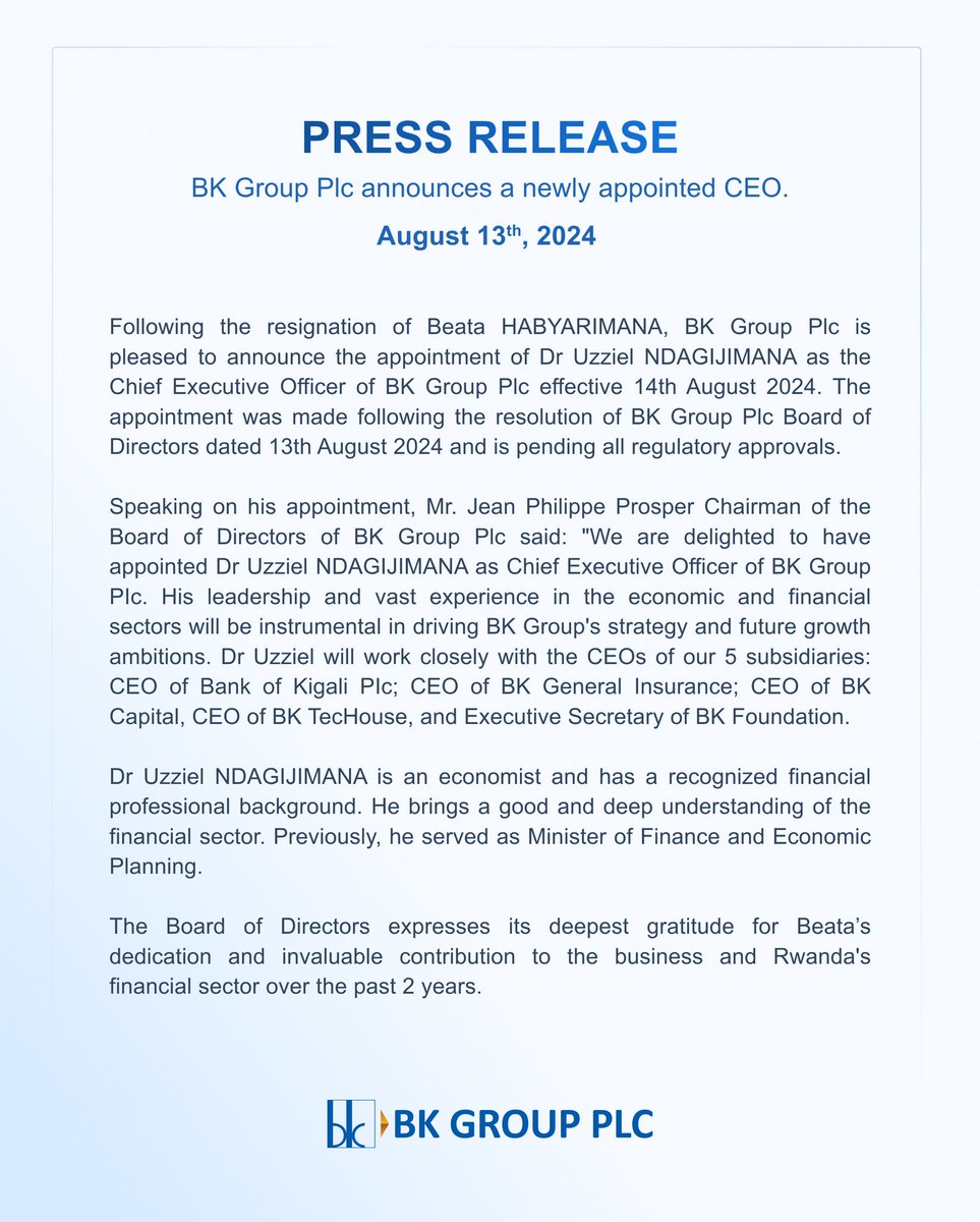 We're thrilled to announce the appointment of Dr. Uzziel Ndagijimana as the new CEO of BK Group Plc, effective 14th August 2024. Join us in welcoming him as he brings his vast experience to lead our future growth. We also extend our heartfelt thanks to Beata Habyarimana for her