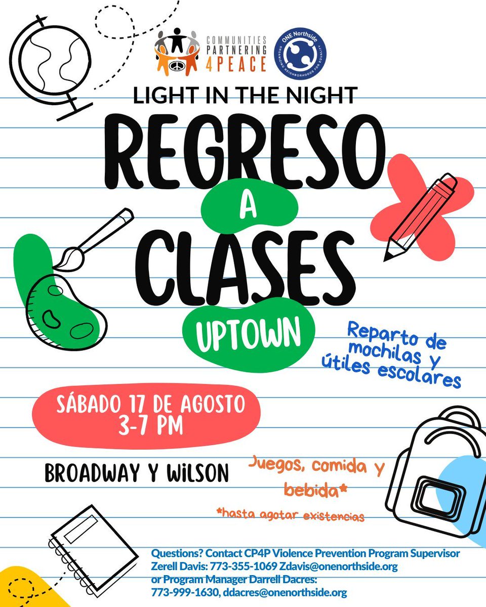 This Saturday our Violence Prevention team will be out in Uptown for their annual Back to School bookbag giveaway. Find them at Broadway and Wilson from 3pm-7pm handing out bookbags and school supplies to any family that needs them - all items first come first served.
