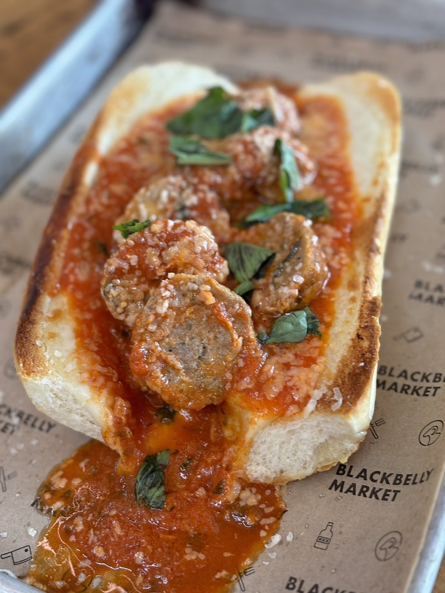 Meatball Sub Special today! Wagyu beef &amp; pork meatballs, marinara, provolone, using the donated hoagie rolls. Cmon and get it!!

#lunchbell 
#lunchtime 
#meatballsub 
#blackbellymarket