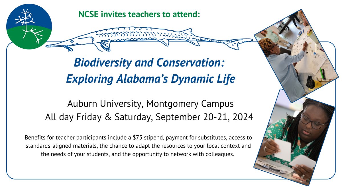 NCSE's tweet photo. Alabama teachers: We have a PD coming up for you! Join us Sept 20-21 at Auburn University, Montgomery Campus. Details and registration: https://t.co/HoO9Xr7Dnz
#alabama #scienceteachers #storylining #PD #montgomery #teachertraining https://t.co/U6cfK7KBhk