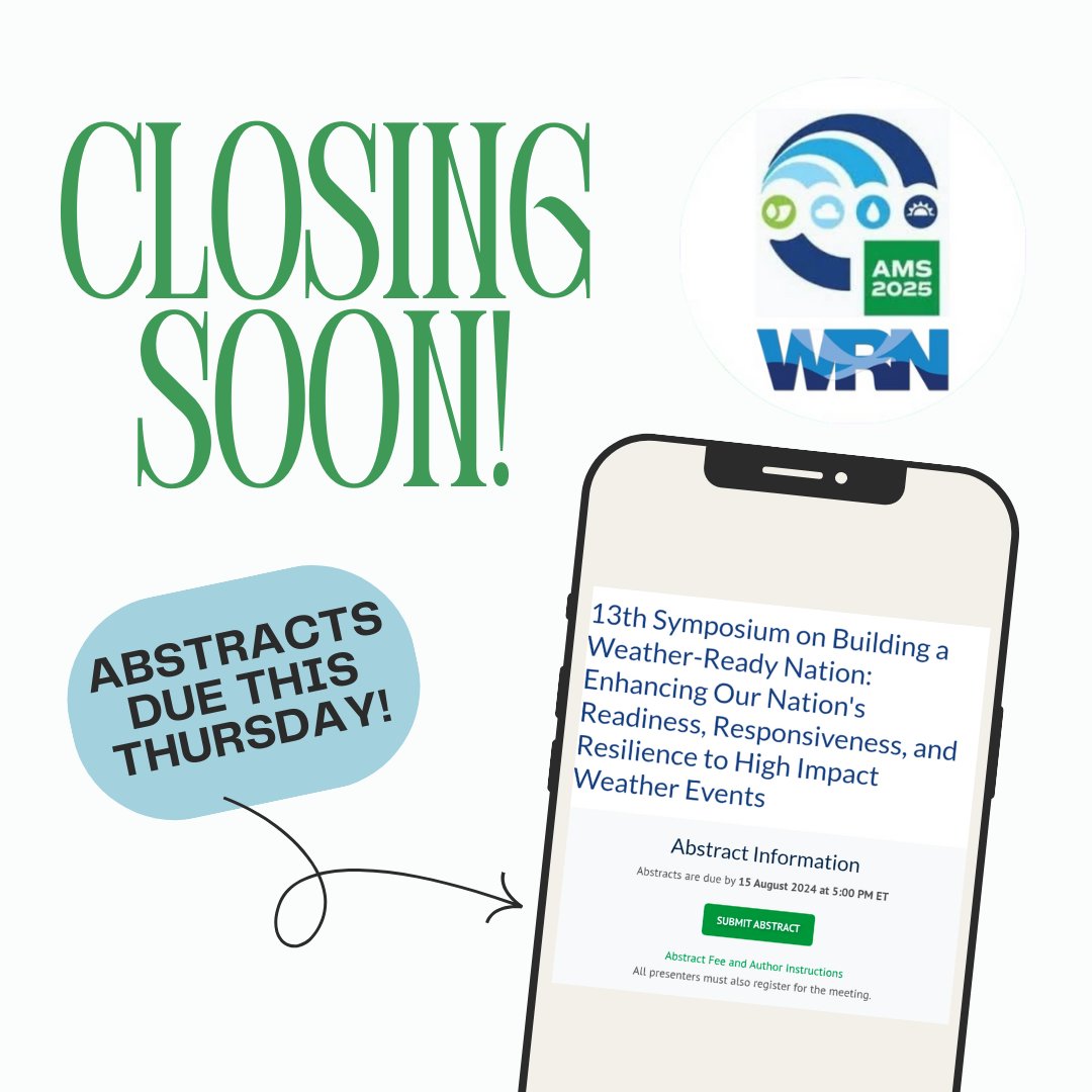 amswrn's tweet photo. Only 2 more days before the Abstract deadline! Head to the link below to submit one for the 13th WRN Symposium and to see what topics we are looking for!
https://t.co/OcZ27lm0Cd
#amswrn #ametsoc #amsnola25 https://t.co/BRhGjt7HoB
