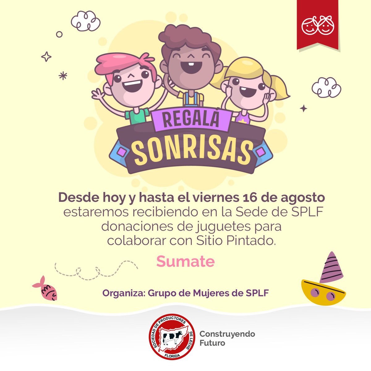 Te invitamos a colaborar con las infancias de Sitio Pintado donando juguetes en nuestra Sede hasta el viernes 16 de agosto inclusive. 🧸 

Sumate y regalá sonrisas. 😃