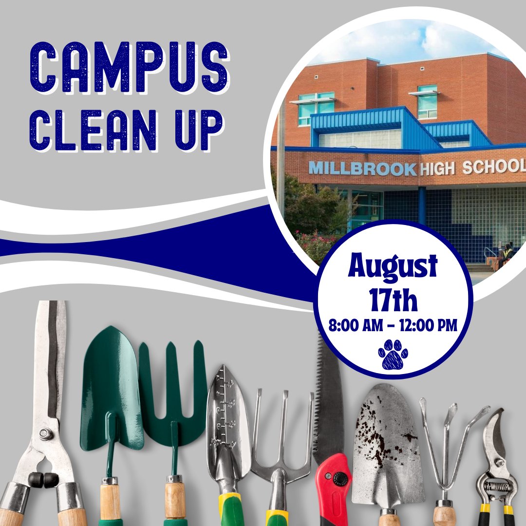 Millbrook_PTSA's tweet photo. ⭐️ Calling WildCat volunteers! 🌳 Join Campus Cleanup Day Sat, Aug 17th, 8am-12pm. Earn service hours! 🧹 Bring tools: leaf blowers, gloves, brooms & more! Sign up 🔗link in bio! #MHSCampusCleanup #MillbrookHigh https://t.co/kwrAOL0lc9