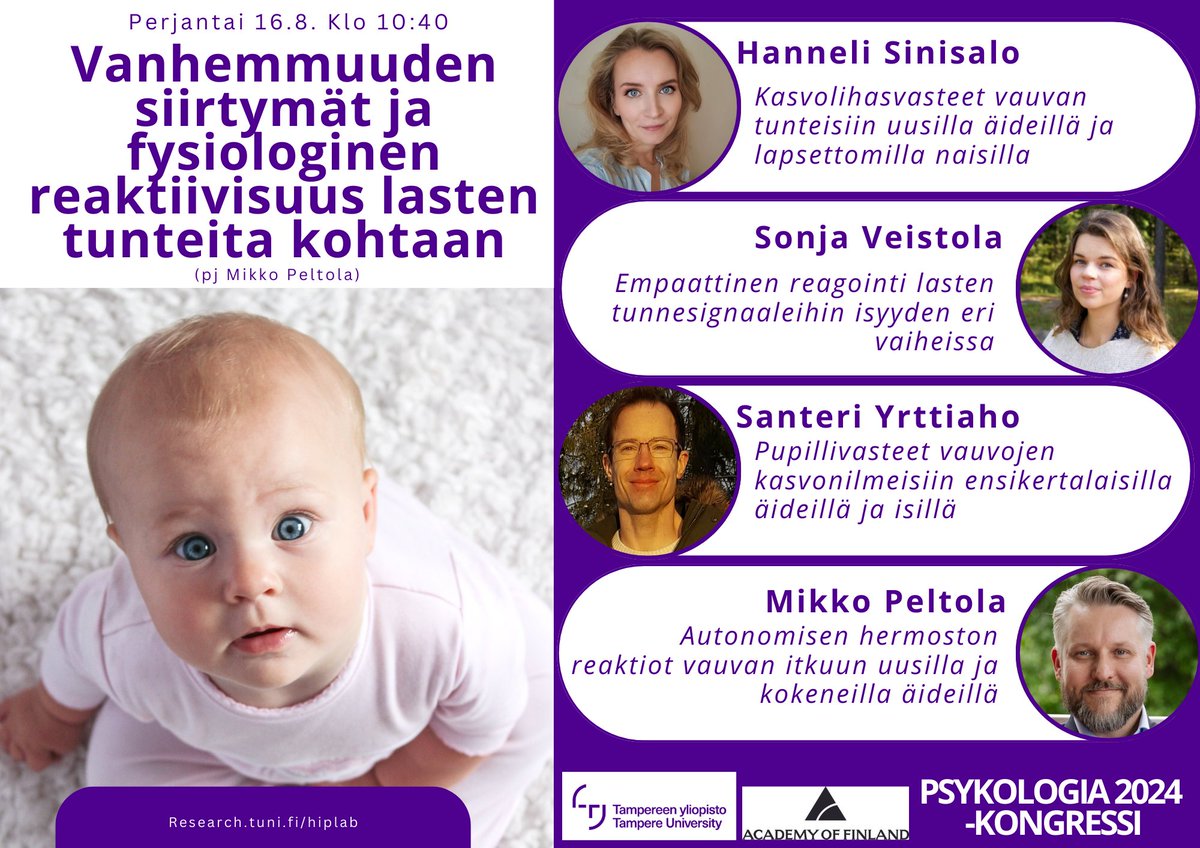 HIPLab_Tampere's tweet photo. HIP-labra viettää loppuviikon @Psykologia2024 -kongressissa. @HenneliS @SonjaVeistola @SYrttiaho ja @mikkojpeltola esittelevät perjantaina TransParent-hankkeen tutkimuksia, joissa teemana on vanhempien fysiologinen reaktiivisuus lasten tunteita kohtaan. Tervetuloa kuulolle! https://t.co/PObPCsP7yy