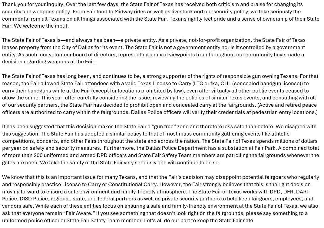 Comment from State Fair spox responding to GOP letter below: 

State Fair "Texas is—and always has been—a private entity."

"... the Fair strongly believes that this is the right decision moving forward to ensure a safe environment and family-friendly atmosphere." <a href="/NBCDFW/">NBC DFW</a>