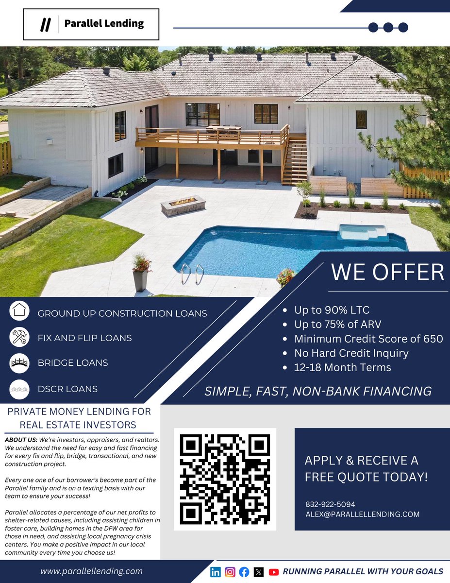 ParallelLending's tweet image. Do you need simple, fast, non-bank financing for you next real estate purchase?

Get approved and get a quote today!

parallellending.com/fixnflip

#parallellending #privatemoneylending  #hardmoneylending #fixnflip #fixandflip #groundupconstruction #dscrloans #bridgeloans #longtexas