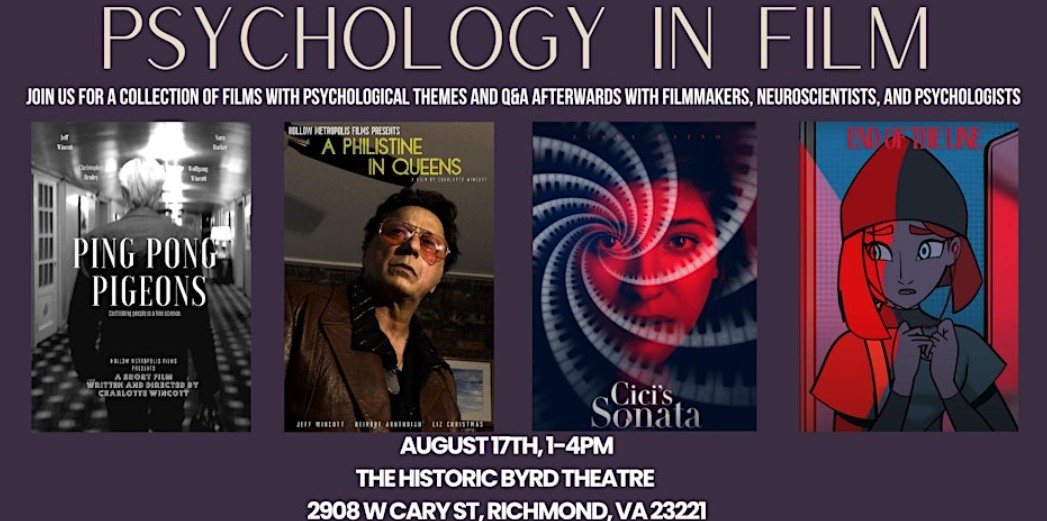 'Psychology in Film' - a screening of four short films + a discussion w/ filmmakers, psychologists &amp; neuroscientists - will take place on August 17th at the Byrd Theatre 1pm-4pm. And it's FREE! 🤓More info below. #filmvirginia eventbrite.com/e/psychology-i…