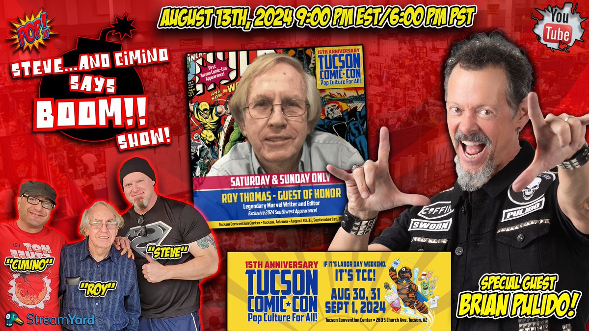 You know it's going to be a great show when you have Brian Pulido and Roy Thomas on!! 

Join me and John Cimino as Brian gives us the scoop of what's happening at this year's Tucson Comic-Con! Brians guest of honor Roy Thomas will be joining us for the chat!

See you tonight at