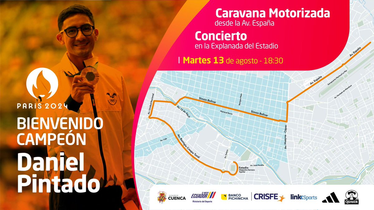 ElDatoEcua's tweet photo. ¡Todos, toditos, todos #recibimos al #Campeón! 🥇🥈
👏 Lo celebramos por todo lo alto, acompáñanos en la #caravana por la ciudad junto a Daniel Pintado, quien regresa para celebrar su doble #medalla #olímpica.
Sé parte del sueño cumplido con #AmorPorCuenca❤️💛 https://t.co/CyXlxsKM6m