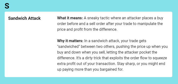 WORKCTO's tweet photo. "Ataque de sanduíche...?"
"Attaque en sandwich...?"
"三明治攻击??"
"هجوم الساندويتش???  

Regardless of where you are from, you should know what a "Sandwich Attack" is (no, it's not a bread fight). 

Get the lowdown on this and more with our Crypto Glossary, now available in limited translations.  https://t.co/pWAp9jH6hk