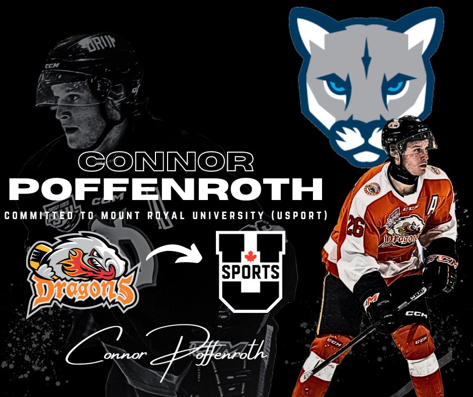 The Dragons are proud to announce that graduating forward Connor Poffenroth has committed to play collegiate hockey at Mount Royal University!

Poffenroth produced 67 points over 115 games played with the Dragons during his two seasons!

Congratulations, Poff!

#AJHL #Dragons