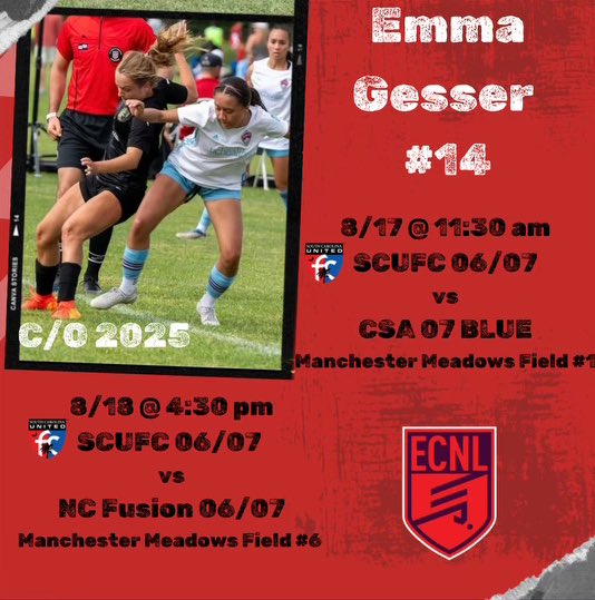 Emma Gesser (@egessersoccer) on Twitter photo I’m so excited to be playing with my teammates again! Our preseason showcase is coming up this weekend, below is my schedule. <a href="/Wingate_WSoccer/">Wingate W Soccer</a> <a href="/BlueHoseWSOC/">PC Women's Soccer</a> <a href="/tnukeep1/">Matt smith</a> <a href="/tikitakaklu/">Tomasz Kluszczynski 🇵🇱/🇺🇸</a> <a href="/Coach_Plex/">Will Plexico</a> <a href="/TannerOsborne27/">Tanner Osborne</a> <a href="/ECNLSoutheast/">ECNL Southeast Girls</a> <a href="/ECNLgirls/">ECNL Girls</a> <a href="/SCUnited_FC/">SC United FC</a> <a href="/ImCollegeSoccer/">College Soccer Truth ™</a> <a href="/SSN_NCAASoccer/">Sidelines - College Soccer</a> I’m so excited to be playing with my teammates again! Our preseason showcase is coming up this weekend, below is my schedule. <a href="/Wingate_WSoccer/">Wingate W Soccer</a> <a href="/BlueHoseWSOC/">PC Women's Soccer</a> <a href="/tnukeep1/">Matt smith</a> <a href="/tikitakaklu/">Tomasz Kluszczynski 🇵🇱/🇺🇸</a> <a href="/Coach_Plex/">Will Plexico</a> <a href="/TannerOsborne27/">Tanner Osborne</a> <a href="/ECNLSoutheast/">ECNL Southeast Girls</a> <a href="/ECNLgirls/">ECNL Girls</a> <a href="/SCUnited_FC/">SC United FC</a> <a href="/ImCollegeSoccer/">College Soccer Truth ™</a> <a href="/SSN_NCAASoccer/">Sidelines - College Soccer</a>