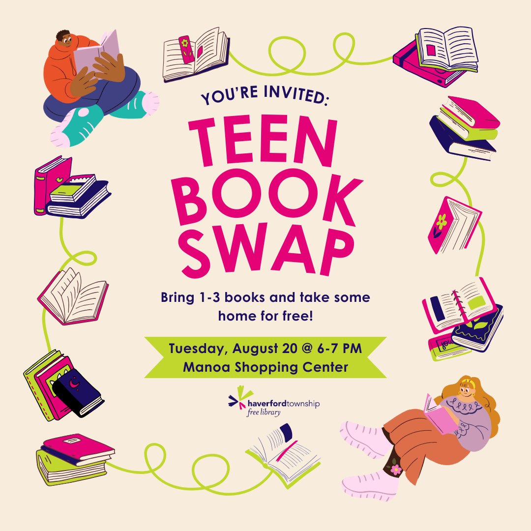 Register now for HTFL's first 📚Teen Book Swap!♻️ Exchange your teen books for fresh reads and connect with fellow readers! Bring 1-3 books and take some home for free. 
#htfl #myhtfl #haverfordlibrary #delcolibraries #havertownpa #libraryfun #librarylove #bookstagram #bookswap