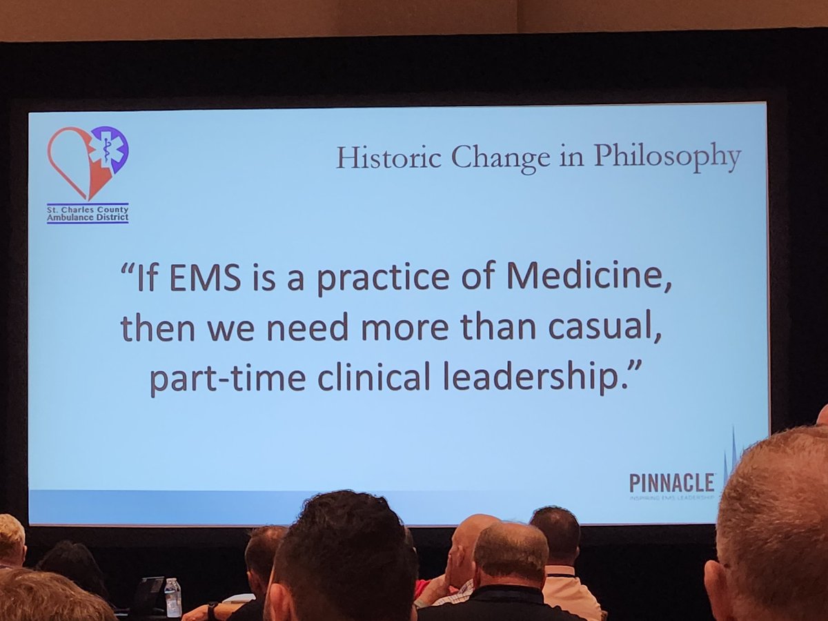 #PinnacleEMS topic for discussion: "If EMS is a practice of Medicine, then we need more than a casual, part-time clinical leadership." More hands than thought were raiaed foe those services with a FT, 40-hour Medical Director, but it was still just a portion of some of the best.