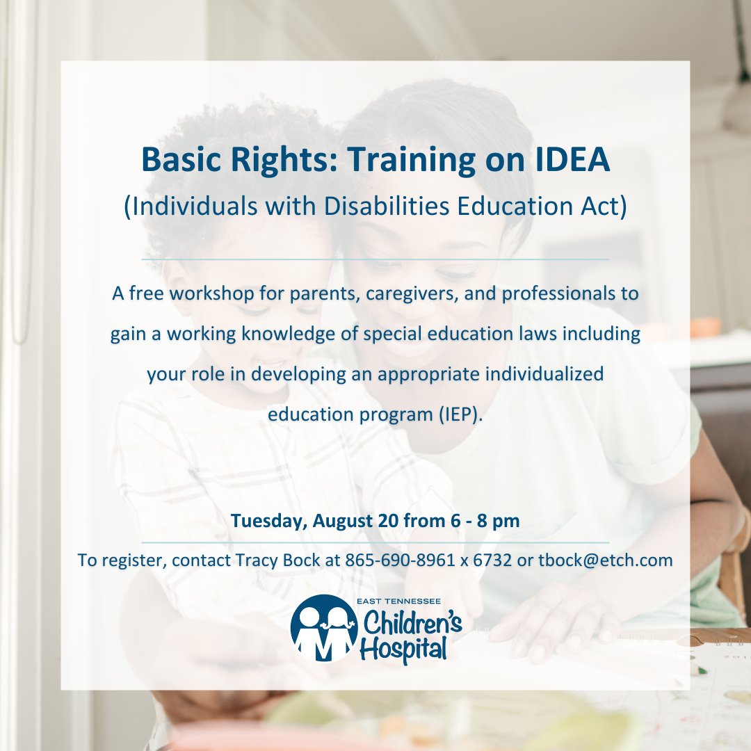 This free workshop is designed for caregivers of children in special education to gain a working knowledge of special education laws, and an individualized education program (IEP). This class will be held from 6 - 8 pm on Tuesday, August 20. Visit ow.ly/GuG750SoyUC