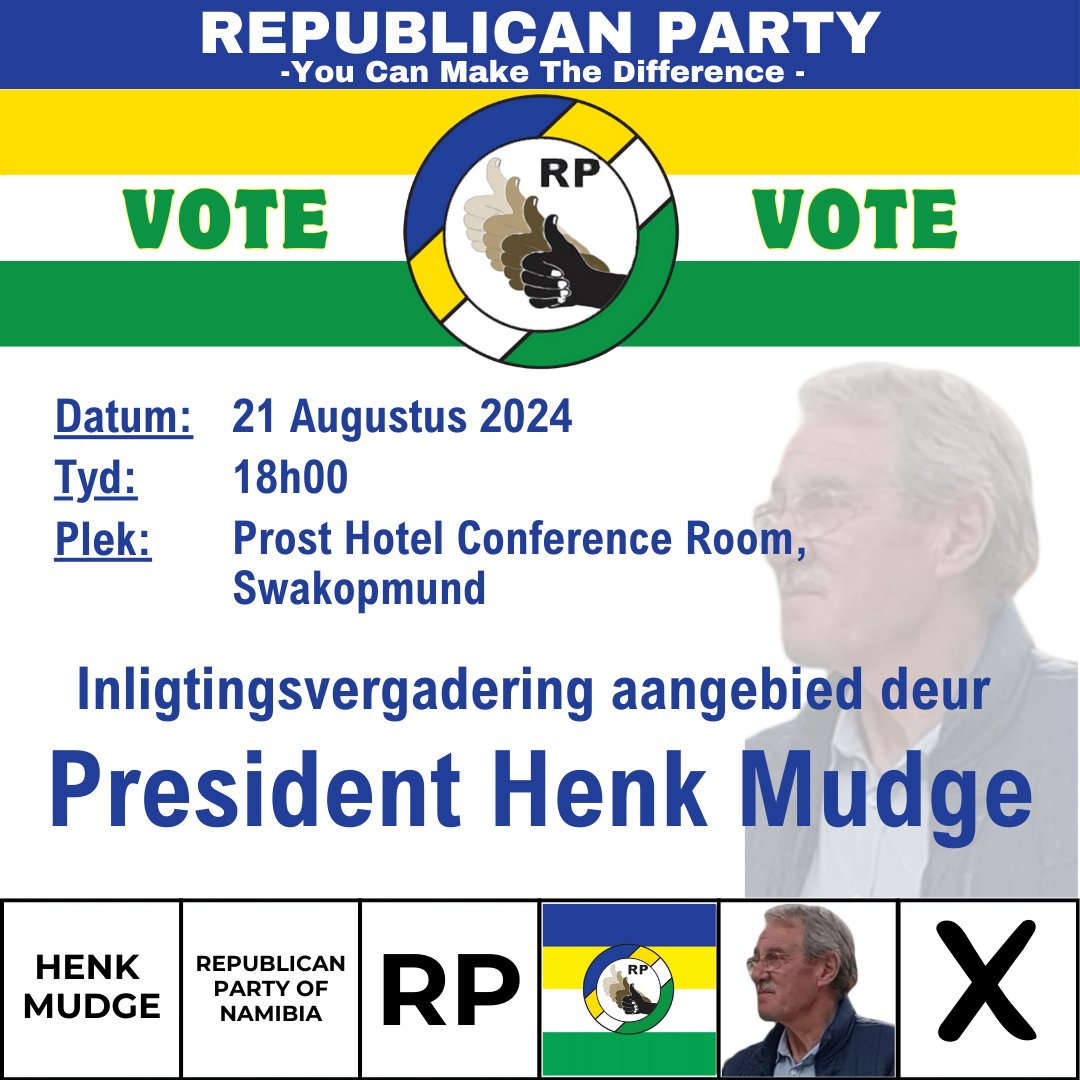 Join us on Wednesday, 21 August 2024, at 18:00 AM at Prost Hotel Conference Room, Swakopmund for a pivotal discussion with RP President Henk Mudge. We look forward to seeing you there! #RP2024 #MeetTheLeader #HenkMudge #Election2024 #GetInvolved #voterp #rpnamibia