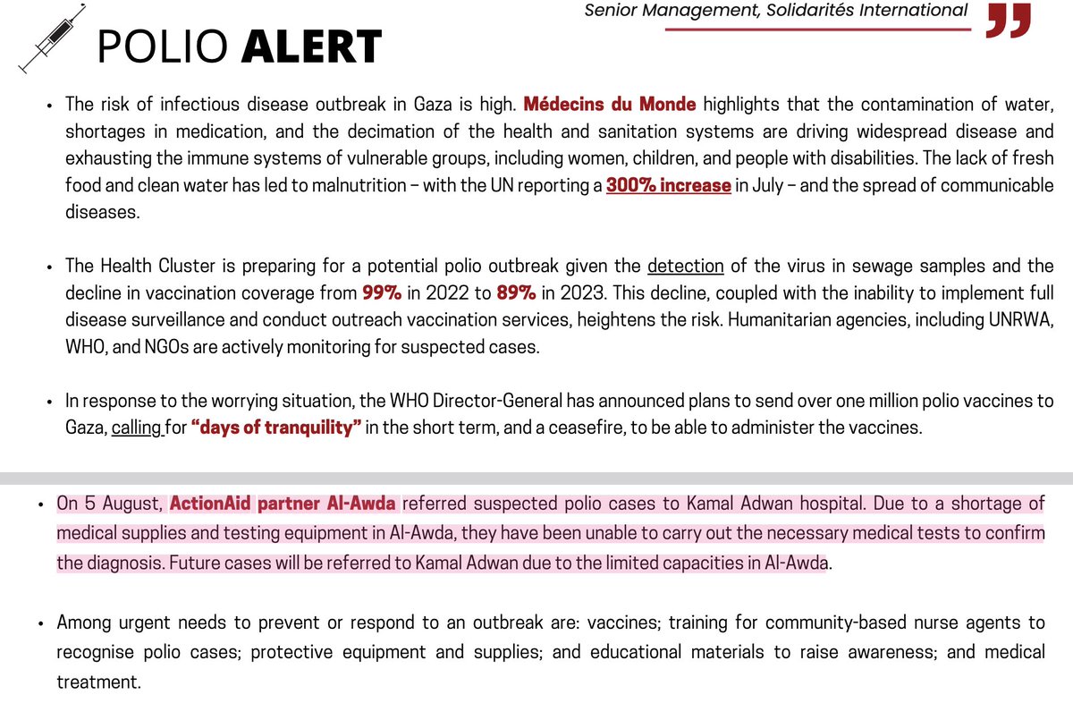Humanitarian snapshot of Gaza released by 27 NGOs.
👇👇👇
mercycorps.org/sites/default/…

On polio, the report says that on Aug. 5,  <a href="/ActionAid/">ActionAid</a> partner Al-Awda "referred suspected polio cases to Kamal Adwan hospital. Due to a shortage of medical supplies and testing equipment in