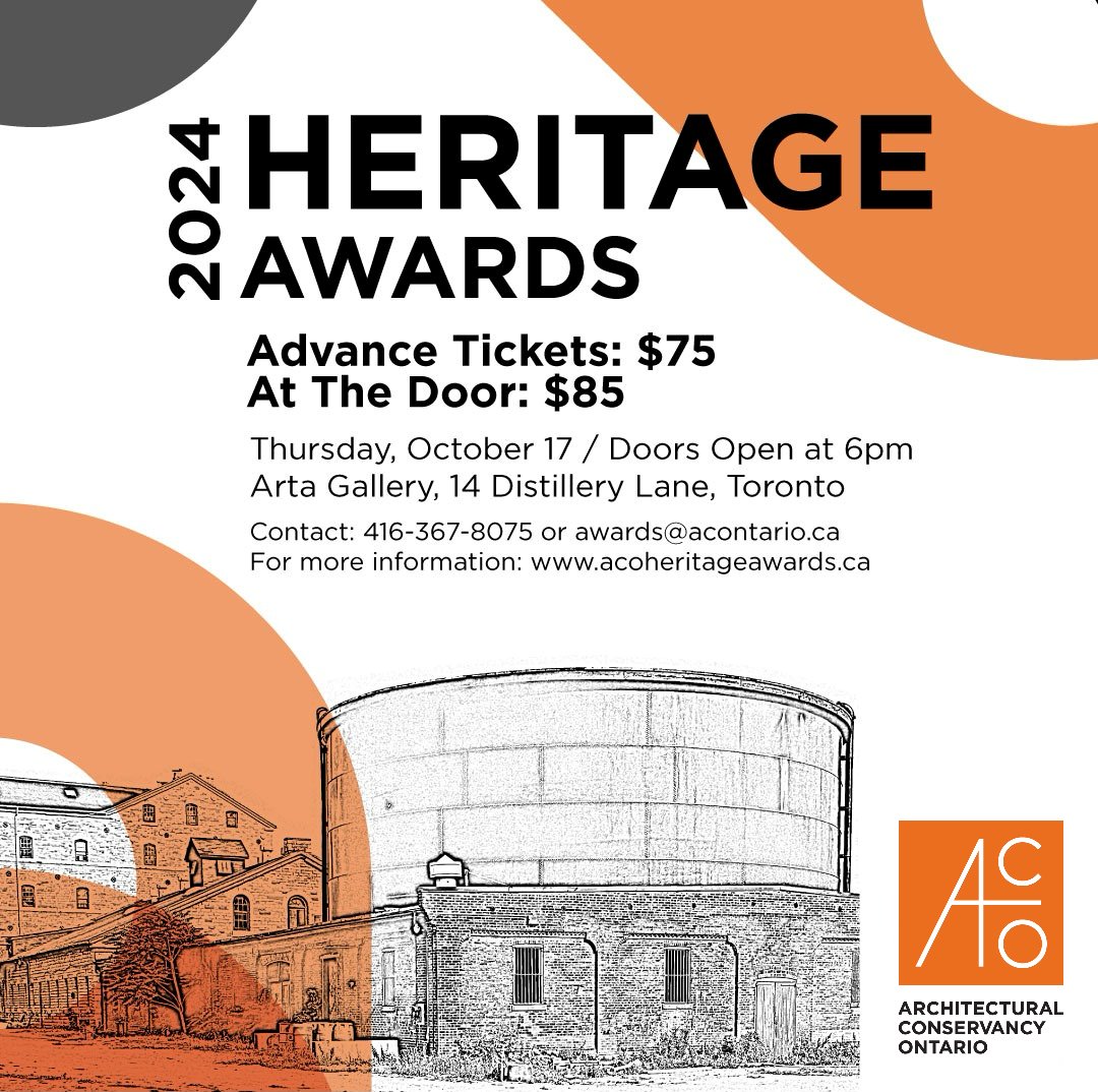 Tickets are now on sale for the 2024 ACO Heritage Awards! Join us October 17 at the Arta Gallery in Toronto's historic Distillery District to celebrate outstanding achievements in heritage conservation from across the province. Go to tinyurl.com/27zdad64 for more information.