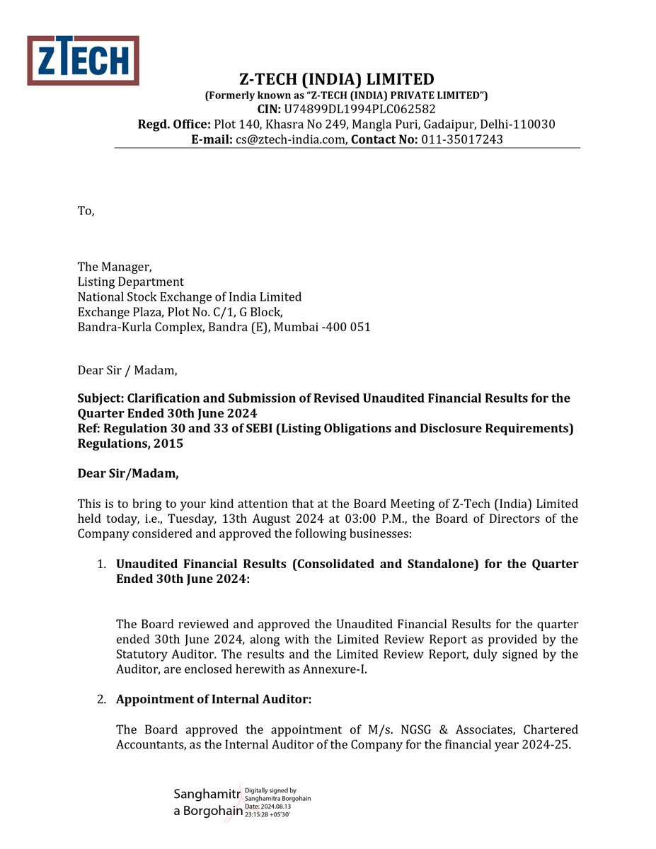 nileshkurhade's tweet image. 📌 Z-Tech (India) Ltd informed the exchange about the submission of revised Unaudited Financial Results for the quarter ended 30th June 2024. #SME #ZTECH 📊📄

Consolidated Financial Results (Unaudited)

QoQ Q1FY25 vs Q4FY24
 - Revenue: Down 26.71% at ₹1,624.06 lakhs vs