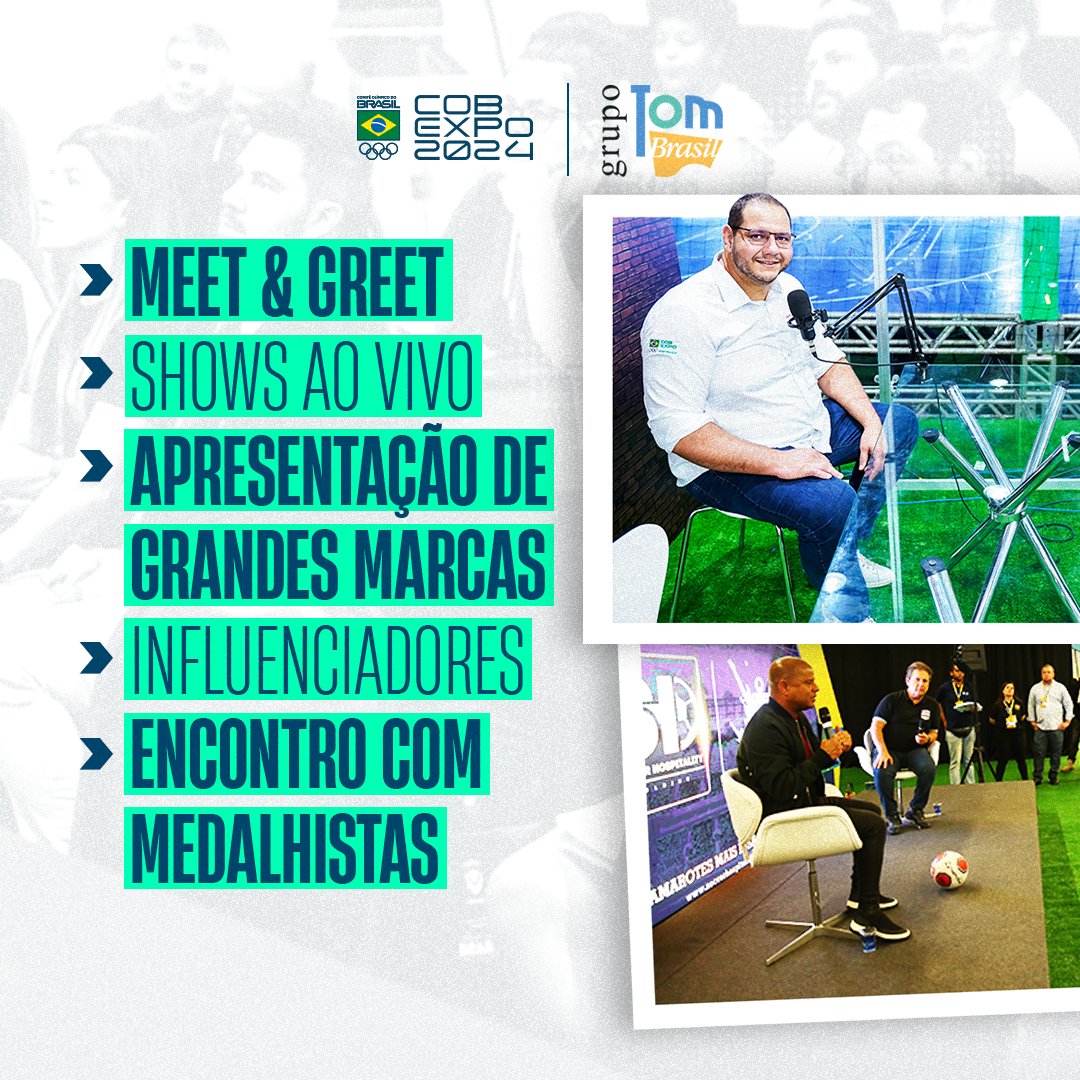 cobexpo's tweet photo. O Palco Tom Brasil será o ponto de encontro para quem ama esporte e entretenimento!

🪧Meet&amp;Greet​
🎤Shows ao vivo ​
✅Apresentação de grandes marcas​
🤳🏻Influenciadores​
🥇Encontro com medalhistas

Venha vivenciar momentos incríveis na feira que reúne todos os esportes! https://t.co/bQ7LPfDkaR