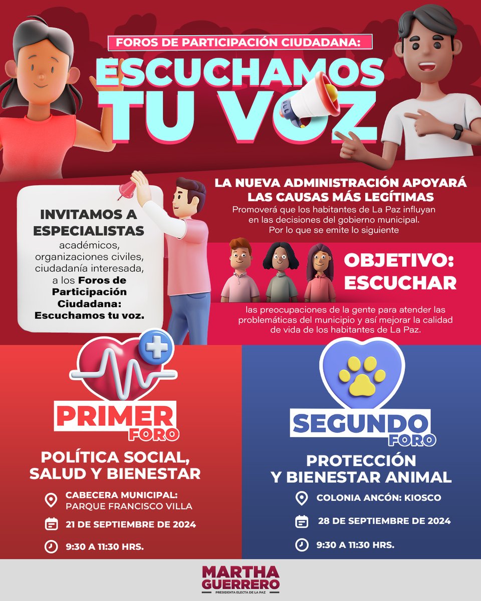 _MarthaGuerrero's tweet photo. 🫱🏻‍🫲🩺❤️🐶 Tu opinión es muy importante y queremos que esté incluida en las decisiones de nuestro gobierno municipal, es por ello que nos interesa tu participación en nuestros foros de política social, salud y bienestar, así como, protección y bienestar animal.

Queremos ser una administración que escuche las preocupaciones para así mejorar la calidad de vida de los habitantes de La Paz.

No olvides registrarte y conoce más en el siguiente link: https://t.co/zIjOzqWtPO