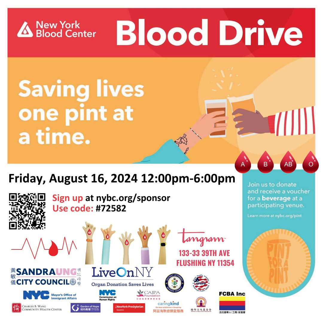 The New York Blood Center is hosting a blood drive at Tangram Mall in Flushing. There’s an urgent need for type O donors! So join us this Friday, 8/16, to donate and receive a voucher for a beverage at a participating venue. Sign up at nybc.org/sponsor &amp; use code: #72582