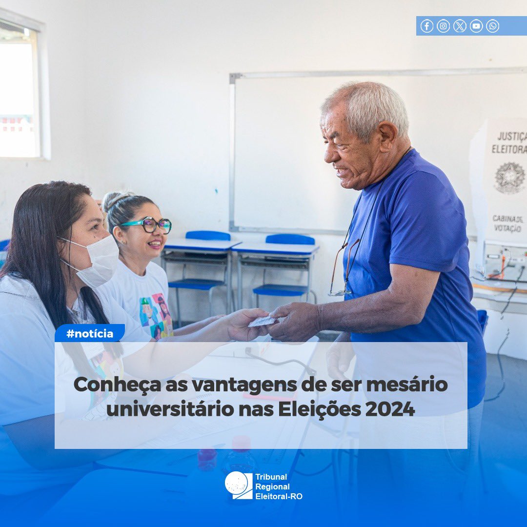 tre_ro's tweet photo. A 11ªZE de Cacoal firmou um acordo com várias Instituições de Ensino Superior da cidade para o programa “Mesário Universitário”. O objetivo é fortalecer a democracia e garantir uma eleição tranquila e organizada. 

📲 Para se inscrever, acesse o nosso site e preencha formulário. https://t.co/zU23aJzbXM
