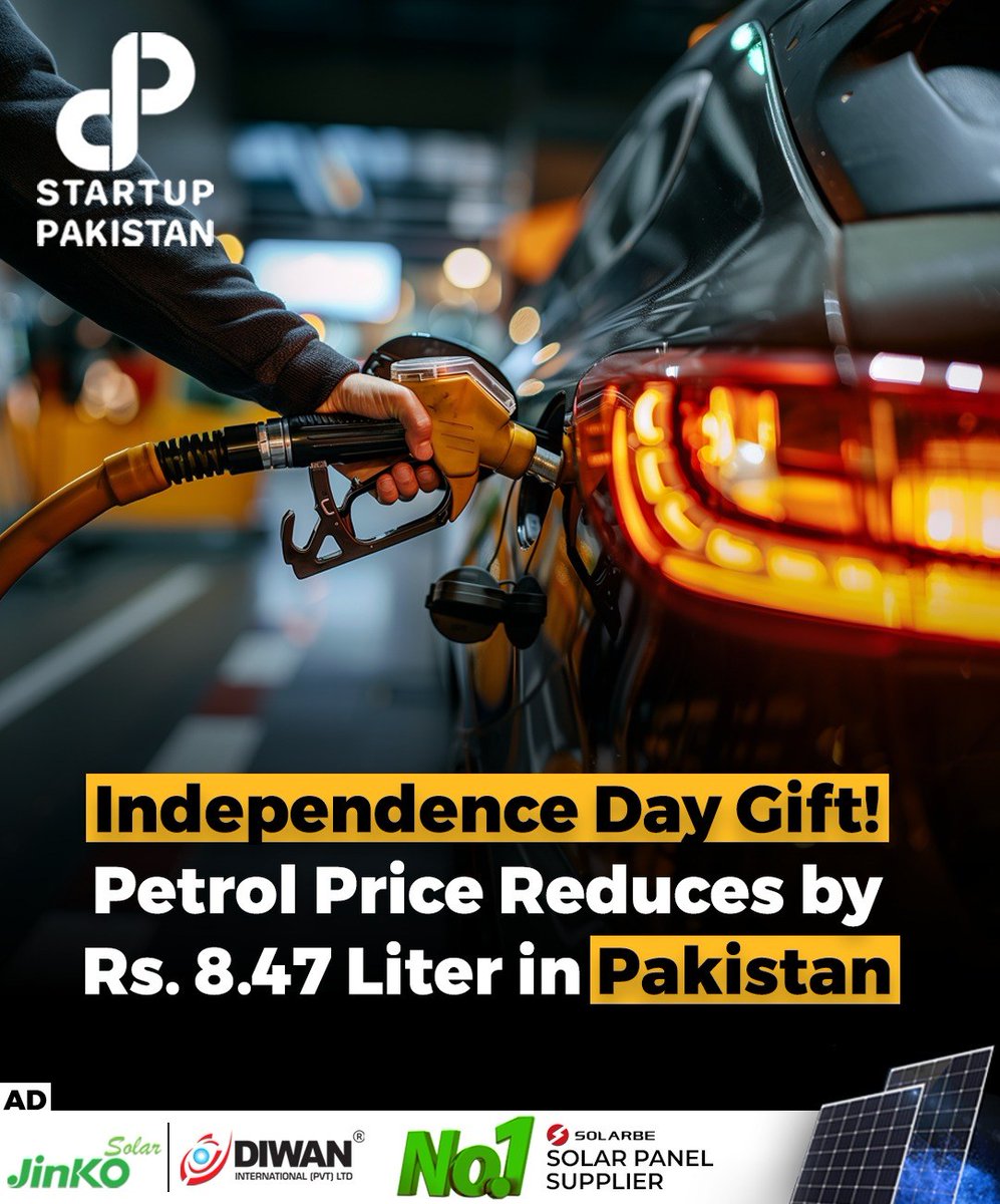 PakStartup's tweet photo. Independence Day Gift! Petrol Price Reduces by Rs. 8.47 Liter in Pakistan significant reduction in petroleum product prices has been announced.
For More Details: https://t.co/ByjBYvq4il
#PetrolPrice #DieselPrice #FuelReduction #Pakistan #PetroleumProducts #IndependenceGift https://t.co/qcN6pXEjMb