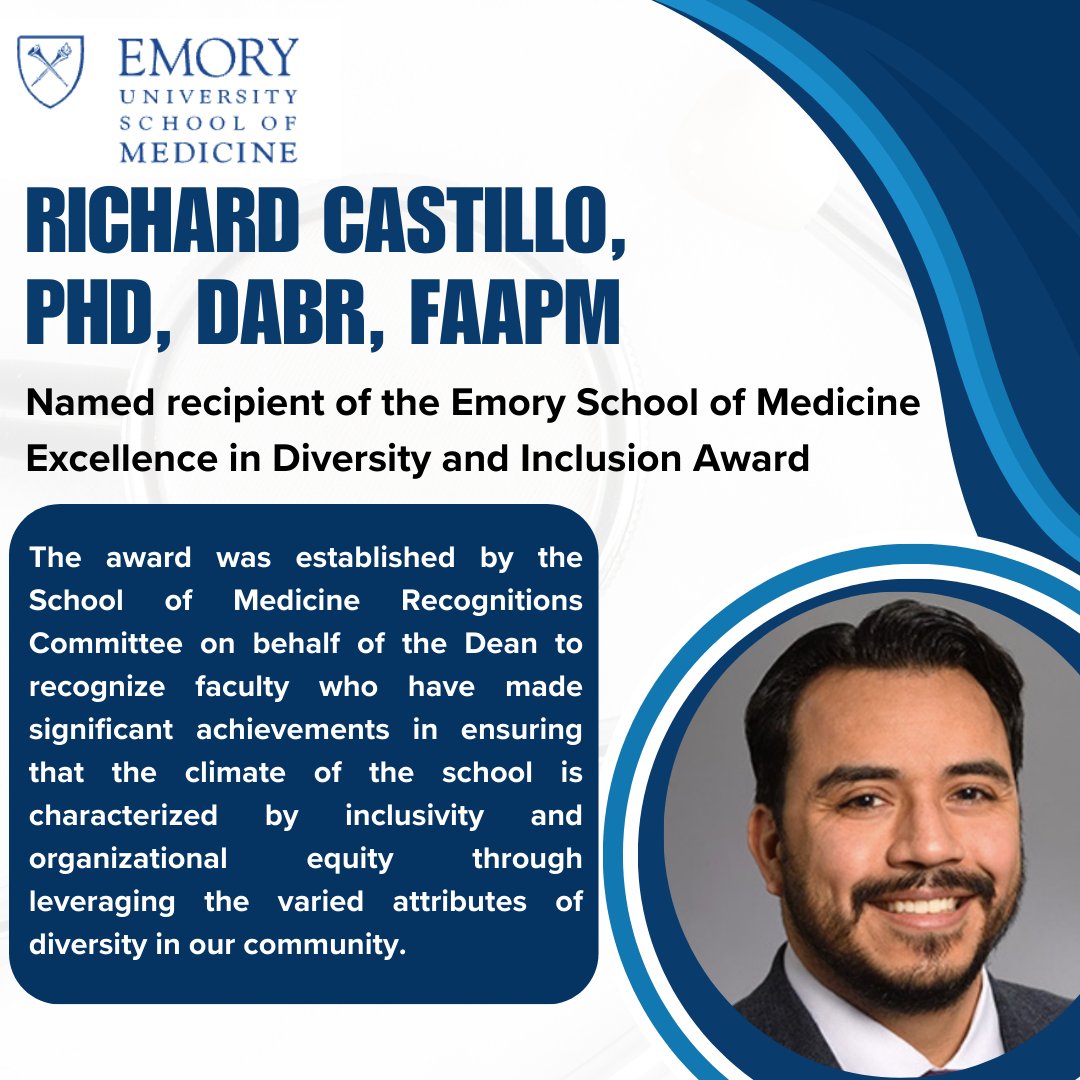 AAPM HLMPSC (@aapm_hlmpsc) on Twitter photo HLMPSC member Richard Castillo (<a href="/rcmedphys/">Richard Castillo, PhD</a>) named a recipient of the <a href="/EmoryUniversity/">Emory University</a> School of Medicine Excellence in Diversity and Inclusion Award. Congratulations Richard! #HispanicInMedPhys #LatinXinMedPhys #urimedphys #HLMPSC HLMPSC member Richard Castillo (<a href="/rcmedphys/">Richard Castillo, PhD</a>) named a recipient of the <a href="/EmoryUniversity/">Emory University</a> School of Medicine Excellence in Diversity and Inclusion Award. Congratulations Richard! #HispanicInMedPhys #LatinXinMedPhys #urimedphys #HLMPSC