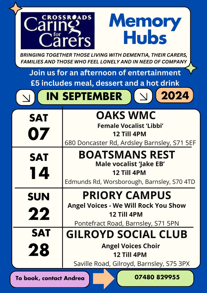 <a href="/crossroadsbsly/">Joseph David</a> September dates are now out for our Memory Hubs
We have some amazing entertainment for a fun filled afternoon
Contact Andrea on 07480 829955
#barnsleyisbrill 
<a href="/LowderWendy/">Wendy Lowder</a> <a href="/ewhite_emma/">Emma White</a> <a href="/kathymarkwick/">Kathy Markwick</a> <a href="/CentralteamArea/">Central Area Team</a>  <a href="/NEBarnsley/">North East Area Team</a> <a href="/DanJarvisMBE/">Dan Jarvis MP</a> <a href="/BarnsleyCouncil/">Barnsley Council</a>