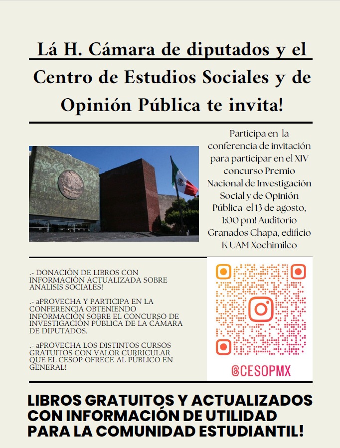 Agradecemos la invitación de la <a href="/uamxoficial/">UAM Xochimilco</a> a la presentación del XIV Premio Nacional de Investigación Social y de Opinión Pública en la que la Mtra. Ana Gabriela Núñez, directora general del CESOP, estará donando libros de interés público. 🤓📖

#DatosConfiablesCESOP