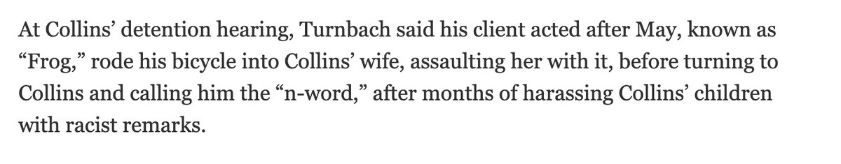 So I read up on this case. 

The man Collins hit has been harassing him, his wife, and his children for MONTHS. 

Here is the part where the justice system isn't just for everyone. After Collins hit him for assaulting his wife and kids (justifiable), the guy didn't die on the