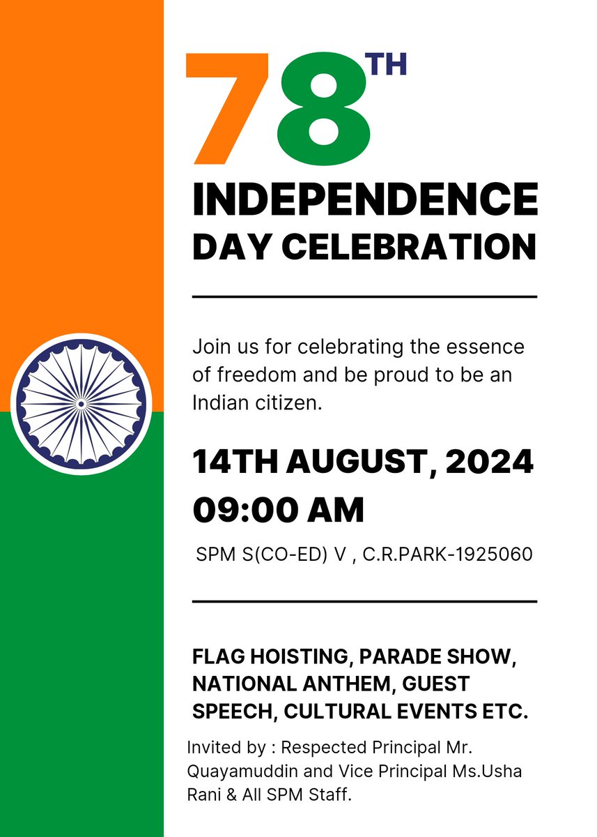 SPMSKVCRP's tweet photo. Join us as we celebrate the spirit of freedom and patriotism on Independence Day Celebration on 14/08/24 https://t.co/0rc2Q5uDq9