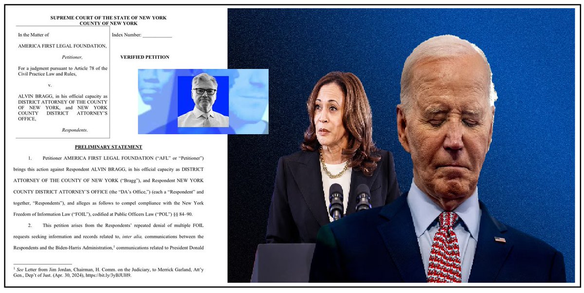 BREAKING REPORT: America First Legal SUES New York District Attorney Alvin Bragg’s Office to obtain any and all Communications discussing Judge Merchan or Donald Trump..

Communications with the Biden-Harris administration, The Free and Fair Litigation Group, the NY Times, and /