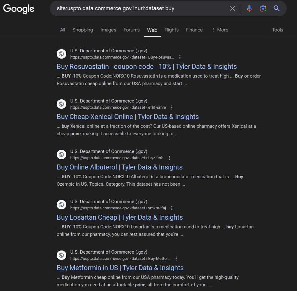 So I reported this to the Department of Commerce and, based on their response, they're totally cool with it.

DoC: Boosting SEO for pharma scammers, one drug at a time.