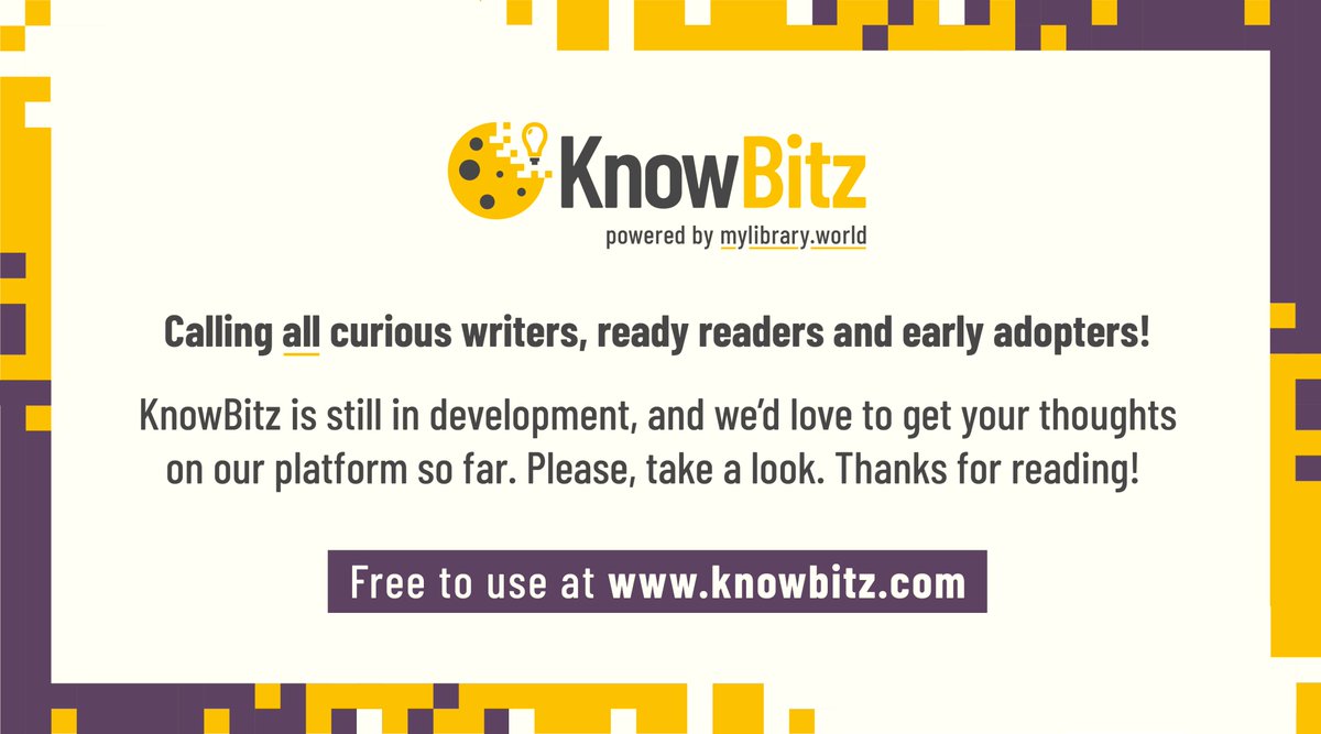 KnowBitz_com's tweet photo. @EntradaBooks https://t.co/6GIQA08YsU is a place to publish your written content and arrange it into mixable, matchable bits - lines, pages and chapters from across the site can be rearranged into new, custom eBooks. FREE and looking for writers of all stripes! Thanks for the lift! 💛 https://t.co/zMejKHakow