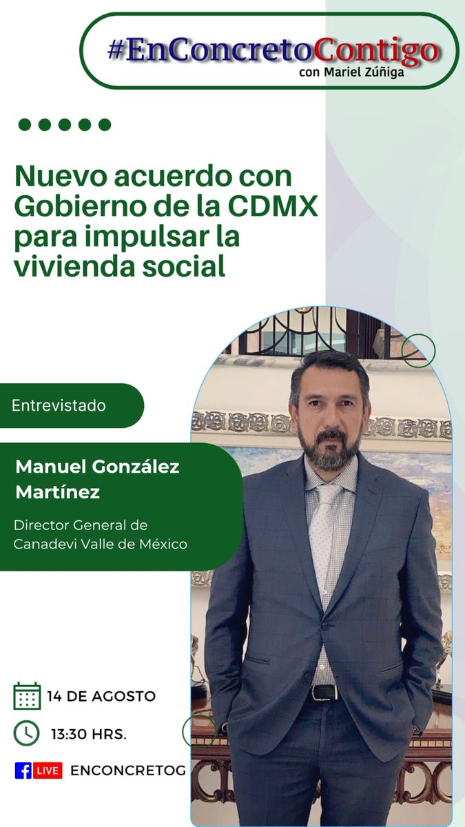 CANADEVI's tweet photo. No te pierdas, la Entrevista con Manuel González, director de la #CanadeviVM en @enconcreto con @marielzuniga_ compartiendo el acuerdo con el Gobierno de la CDMX para impulsar la construcción de #ViviendaSocial.
📅Miércoles 14 agosto⏰13:30 hrs 🔗https://t.co/LNneNeaRXC https://t.co/xxPVmmnltS