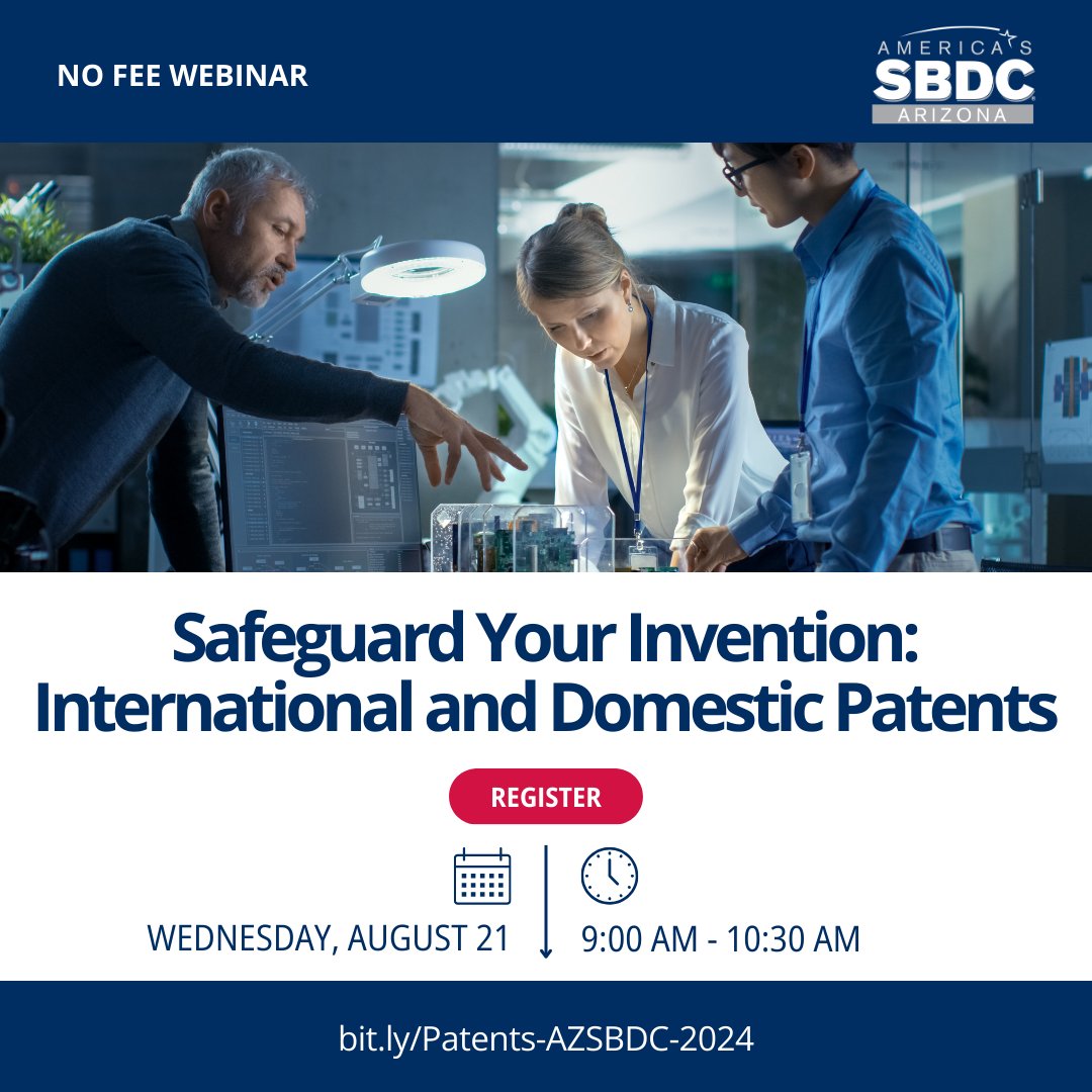 SBDCSV's tweet image. Have you taken the steps to protect your intellectual property? Join us for a must-attend webinar with
Robin Hylton from the United States Patent and Trademark Office (USPTO). 
📅 Date: August 21, 2024
⏰ Time: 9:00 AM
🔗 Registration: bit.ly/Patents-AZSBDC…