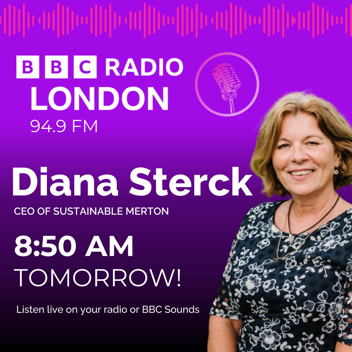 Sustainable Merton (@sustainablemert) on Twitter photo EXCITING NEWS!! 🌍 Tune in to BBC Radio London for an exclusive feature with <a href="/DianaSterck/">Diana Sterck</a> , CEO of Sustainable Merton!🎙️
📻 Listen live at 8:50AM TOMORROW (14/08)!
bbc.co.uk/sounds/play/li… EXCITING NEWS!! 🌍 Tune in to BBC Radio London for an exclusive feature with <a href="/DianaSterck/">Diana Sterck</a> , CEO of Sustainable Merton!🎙️
📻 Listen live at 8:50AM TOMORROW (14/08)!
bbc.co.uk/sounds/play/li…