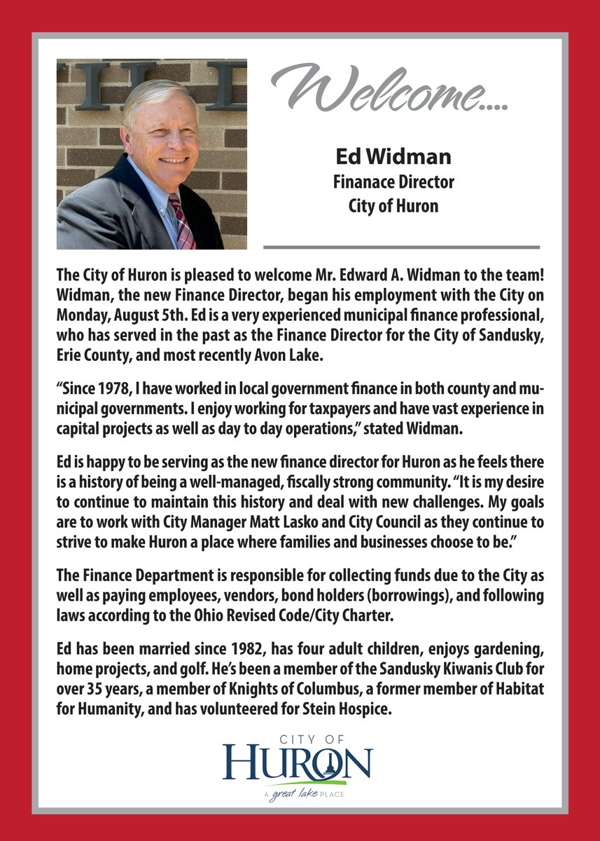 The City of Huron is pleased to welcome Ed Widman to the team!