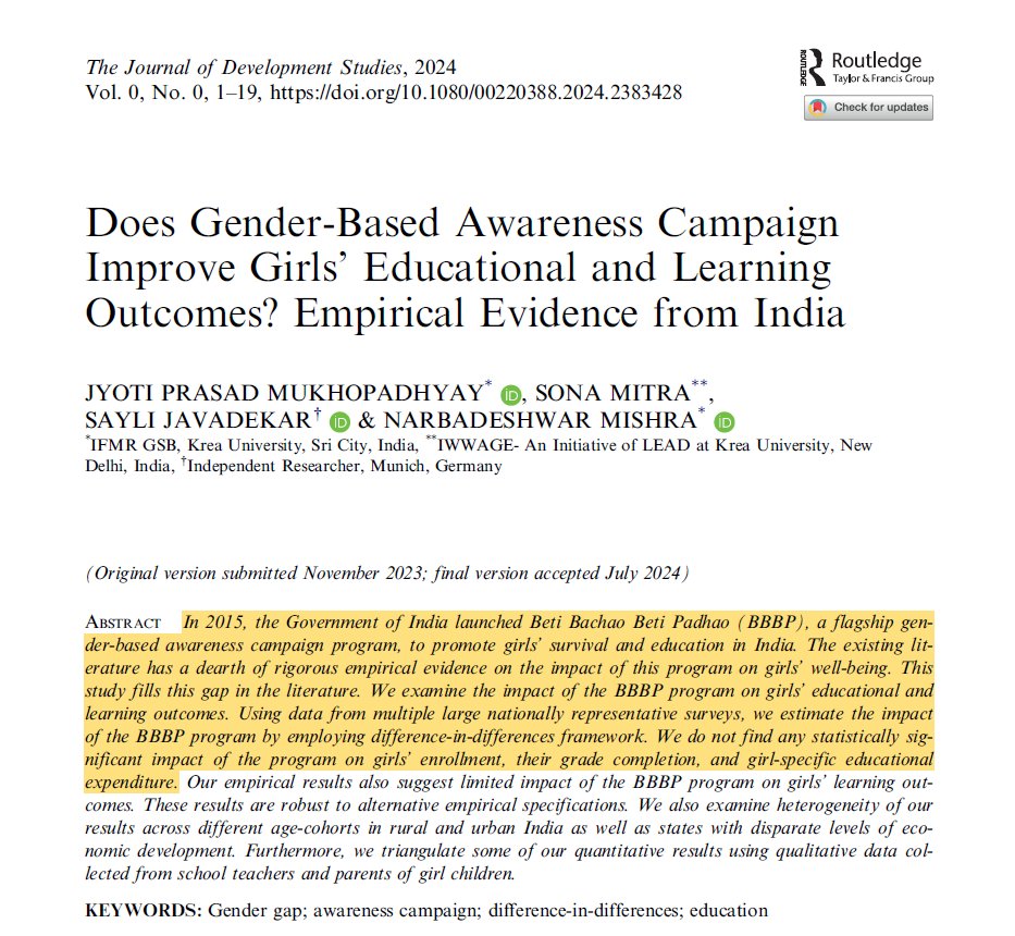 "Beti Bachao Beti Padhao": Did the campaign improve girls' education in India? 🇮🇳 This study by Mishra et al. finds no significant impact on enrollment, grade completion, or learning outcomes. 

👉🏽Dig deeper: doi.org/10.1080/002203…
<a href="/narbadeshwarm/">Prof (Dr.) Narbadeshwar Mishra</a> <a href="/sonamitra/">Sona Mitra</a> <a href="/sayali_1810/">Sayli Javadekar</a>